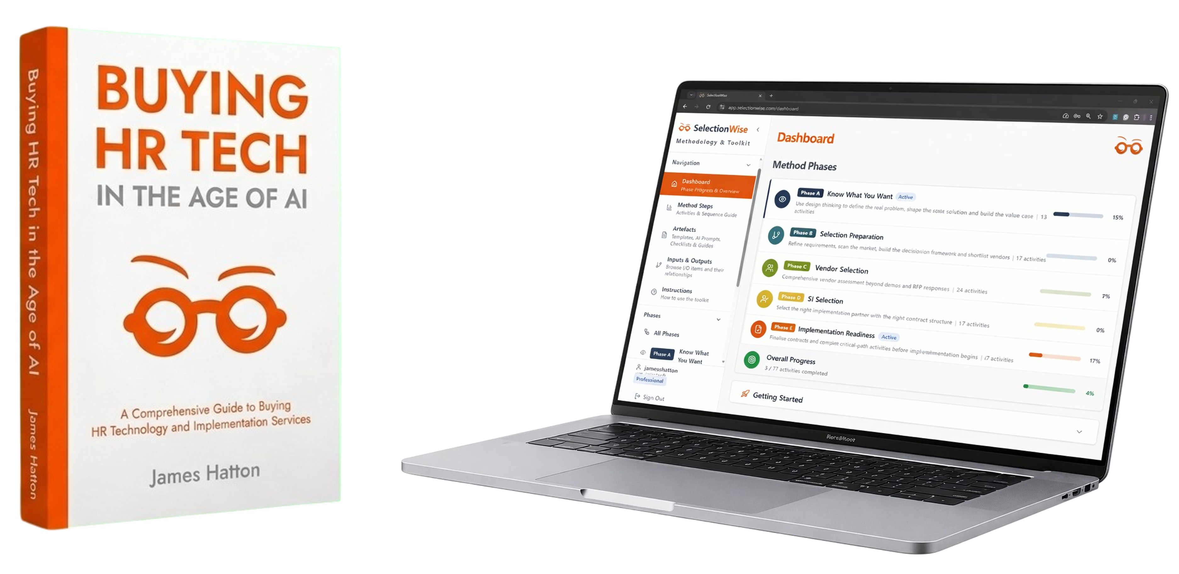 Buying HR Tech in the Age of AI book alongside the SelectionWise Toolkit platform on laptop
