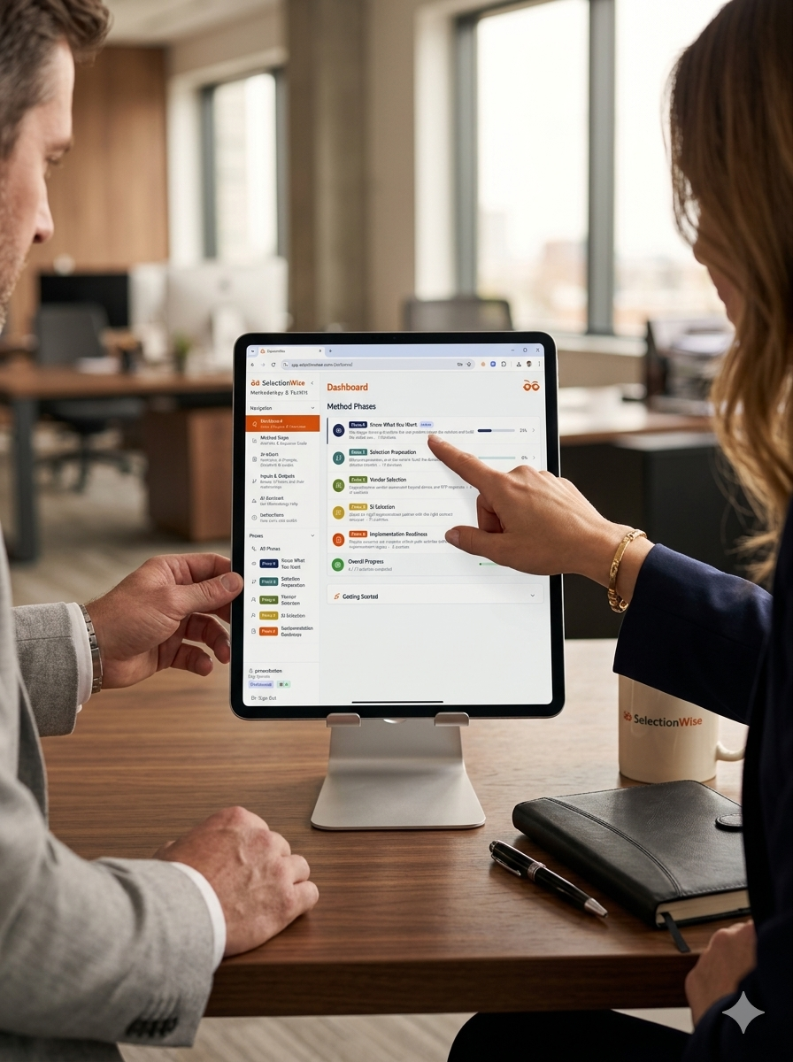 HR technology consultant reviewing SelectionWise methodology on iPad
